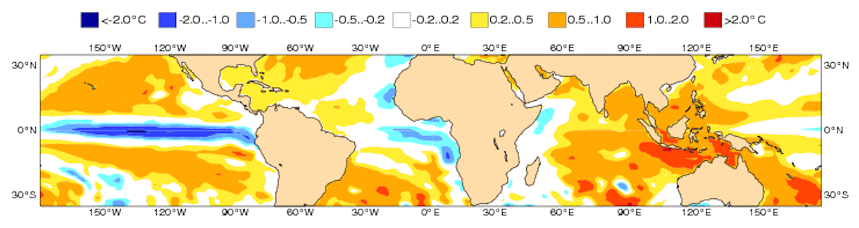 図2:季節予報モデルによる2016年6〜8月の海面水温平年偏差予測(出典:ECMWF)