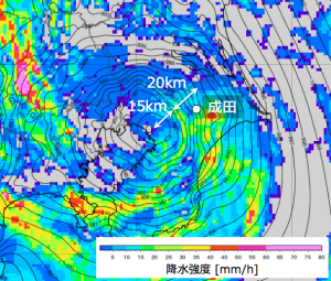 図10: 22日14時10分の「WITHセンサー」の海面気圧(等値線)と降水強度(色、気象庁レーダー)。白丸はアメダス成田の位置を示す。