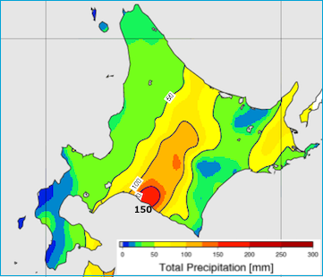図12: 22日12時~23日12時の24時間積算雨量(アメダスの解析)