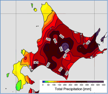 図13: 16日12時〜23日12時の7日間積算雨量(アメダスの解析)