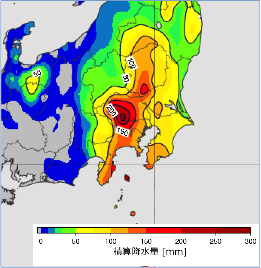 図5: 21日19時〜22日19時の24時間積算雨量(アメダスの解析)