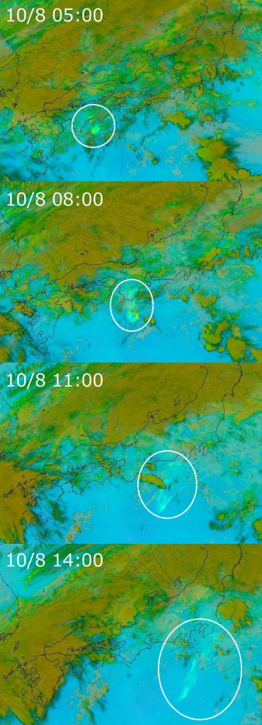 図7:ひまわり8号赤外3バンドによる火山灰解析画像