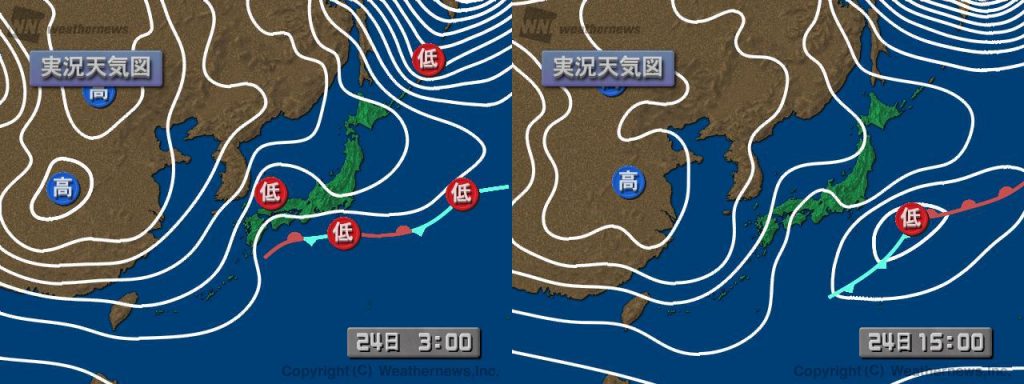 図4:天気図(左:日本時間24日3時、右:24日15時)