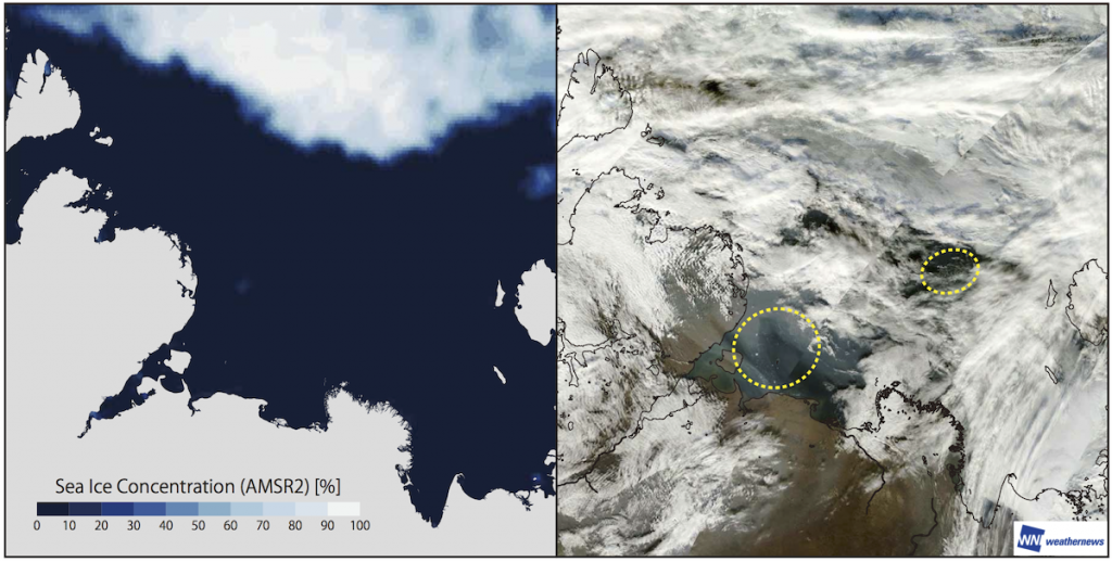 図 5.2016 年 9 月 16 日の北極海ラプテフ海における 受動マイクロ波観測衛星(GCOM-W)による海氷解析図(左)と可視衛星(Terra)による衛星画像(右)