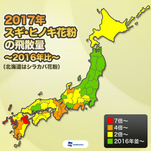 【花粉まとめ2017】スギ・ヒノキ花粉の飛散量は2016年の3.1倍、九州や近畿は4～10倍も