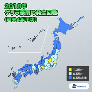 ダブル高気圧が“ゲリラ豪雨”を抑制、発生数は過去4年平均の半分以下