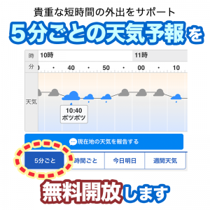 天気アプリ「ウェザーニュース」の有料機能“5分ごとの天気予報”を無料開放