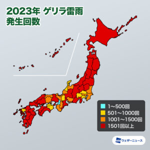 2023年のゲリラ雷雨は全国で9.3万回以上発生、昨年比約20％増
