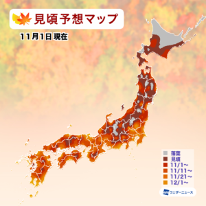 【第三回紅葉見頃予想】東・西日本で見頃エリアが拡大中 朝晩の気温低下で色付き、見頃は平年並