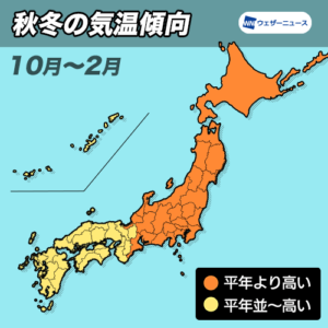 今シーズンも暖冬、秋〜冬は全国的に平年より気温が高い傾向