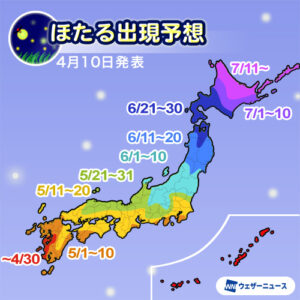 「ほたる前線」来週に沖縄から北上、西・東日本では5月中旬に出現ピーク
