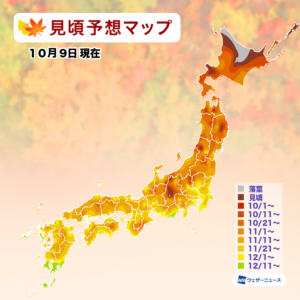 【第二回紅葉見頃予想】全国的に平年より高温傾向の秋　紅葉の見頃は平年並〜やや遅い予想