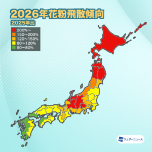 【第三回花粉飛散予想】2月上旬にスギ花粉の飛散開始、飛散量は猛暑の影響で全国的に平年超え