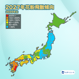 北・東日本の花粉飛散量は大幅減少　西日本は広範囲で増える見込み